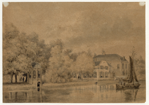 202432 Gezicht over de Vecht bij Breukelen op het huis Hoogerlust (achter het zeilschip) met links daarvan het huis ...